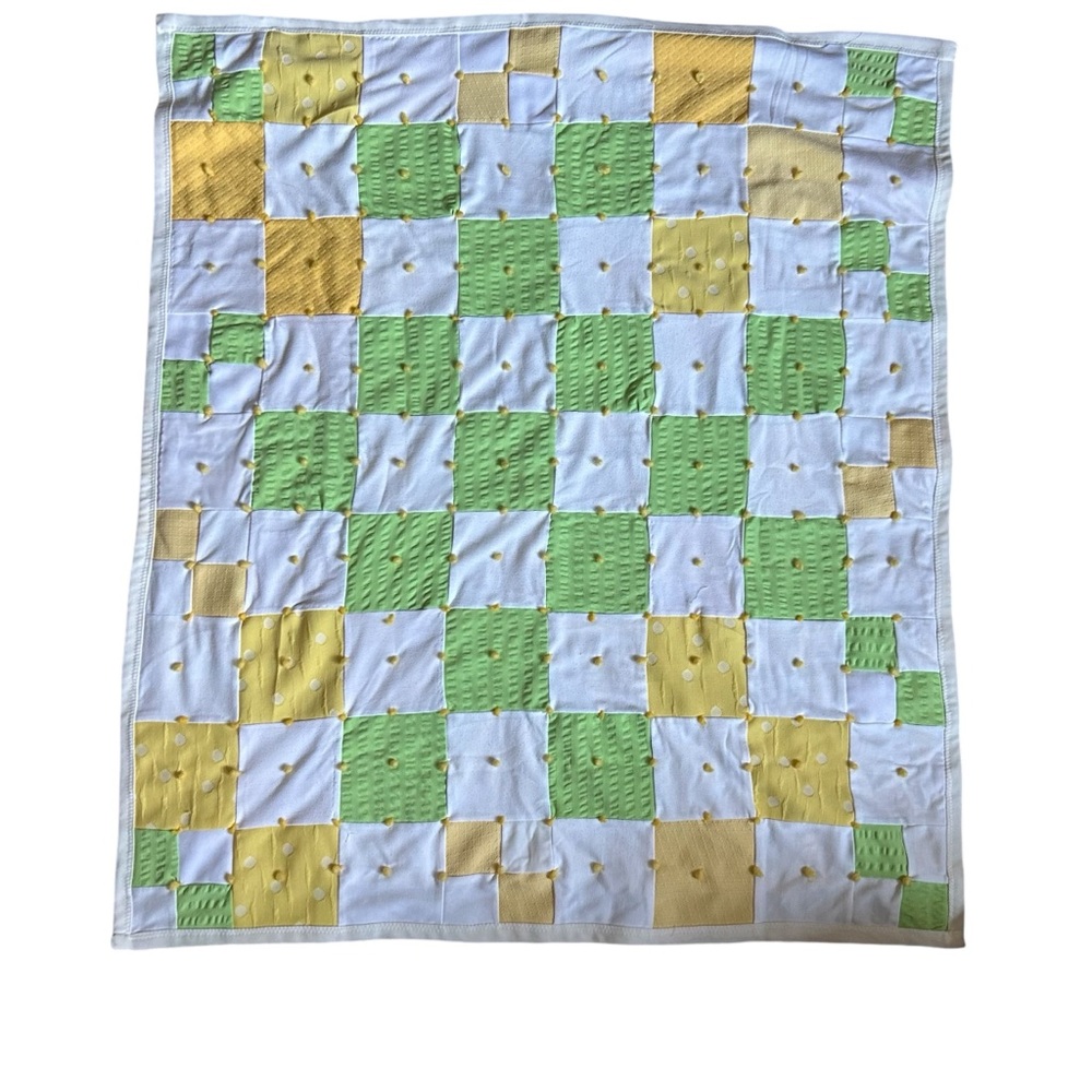 Vintage 1970s Handmade Polyester Quilt 35Wx42L Yellow/Green/White Pompoms